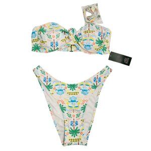 Tropical Floral Print Bandeau Bikini Set Womens Hair Tie Size M